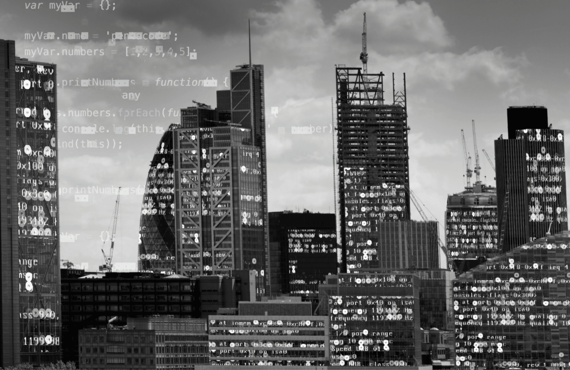 Gigabit group banner image greyscale london skyline with code overlay